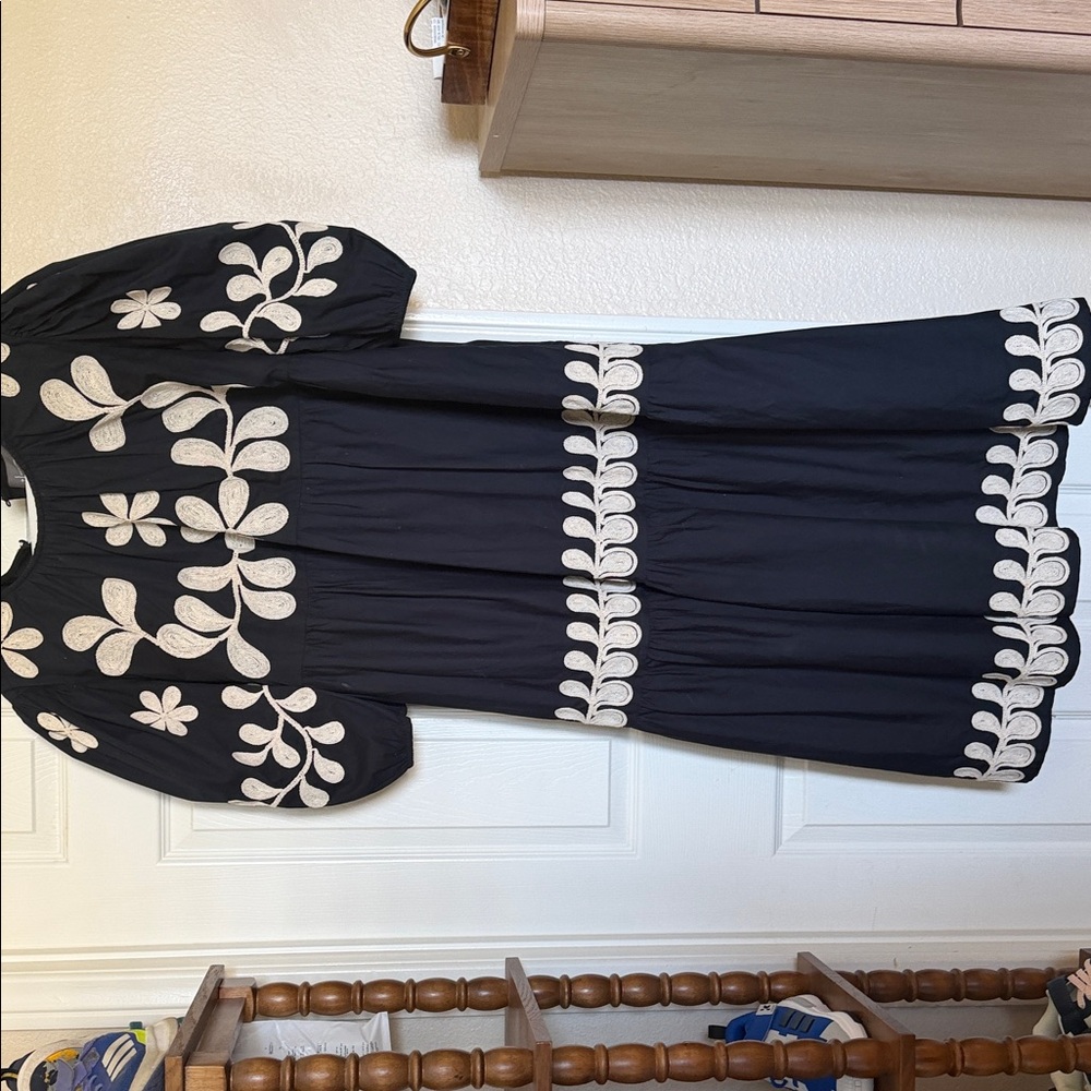 Anthropologie Black dress w/ Cream Rope-Style Floral Embroidery - Picture 2 of 8